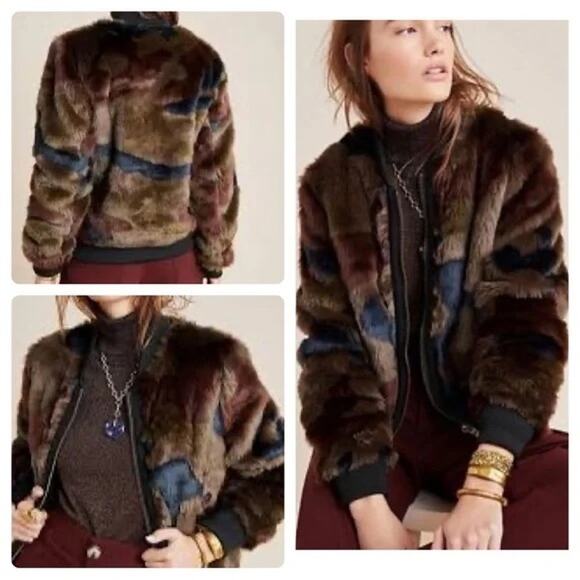 Marrakech SzXS Camo Faux Fur Zip Up Brown Black Long Sleeve Winter Bomber Jacket - Picture 6 of 6